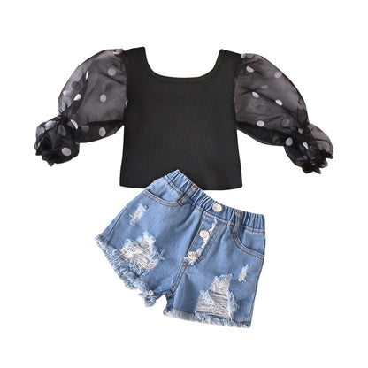 Kids’ Fashion Sets – Cotton Top with Dot Mesh Sleeves & Ripped Denim Shorts