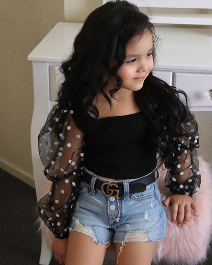 Kids’ Fashion Sets – Cotton Top with Dot Mesh Sleeves & Ripped Denim Shorts
