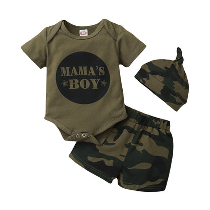 Boys' 3-Piece Camouflage Outfit – Printed Short-Sleeve Shirt, Shorts & Matching Hat Set