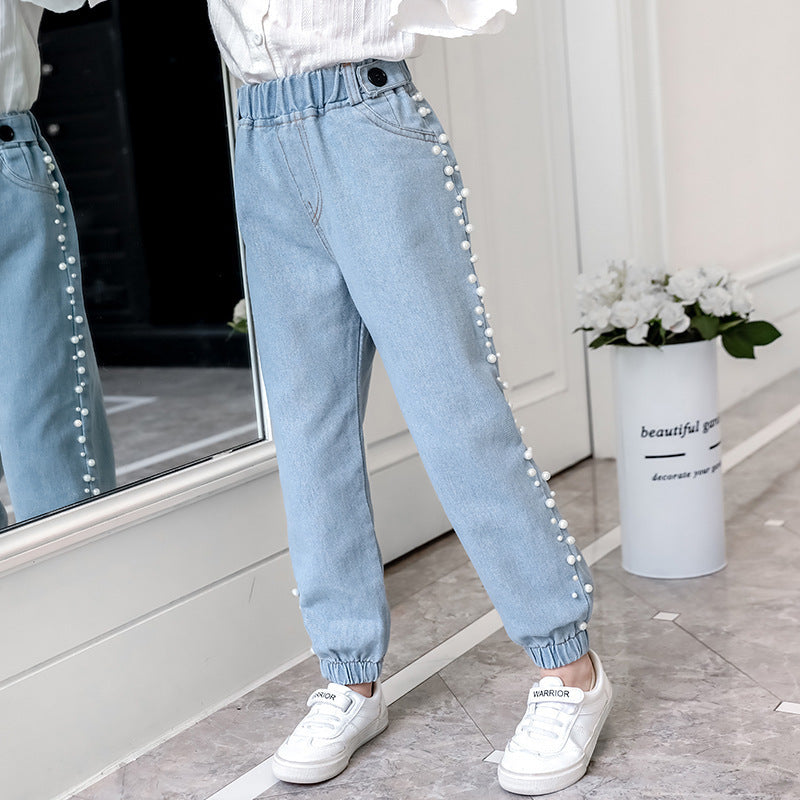 Girls' Fashion Korean Style Side Beaded Denim Jeans