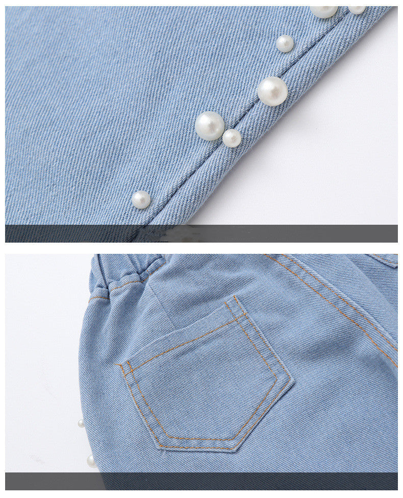 Girls' Fashion Korean Style Side Beaded Denim Jeans