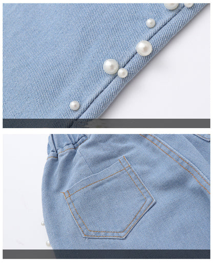 Girls' Fashion Korean Style Side Beaded Denim Jeans