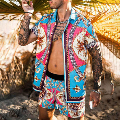 Men’s Summer Shirt Set – Printed Lapel Short Sleeve Top with Matching Shorts