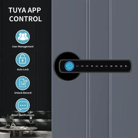 Tuya Smart Fingerprint Door Lock – Biometric Door Handle with App Control & Key Access
