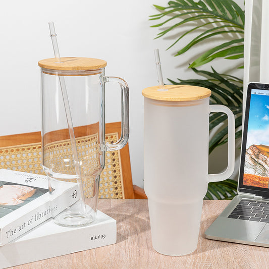 40 oz. Glass Cup Sublimation Bamboo Wood Cover with Straw