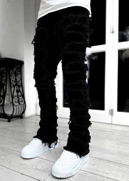 Men’s Stacked Jeans – Individual Patched Long Tight-Fit Trousers for Trendy Streetwear
