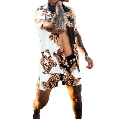 Men’s Summer Shirt Set – Printed Lapel Short Sleeve Top with Matching Shorts