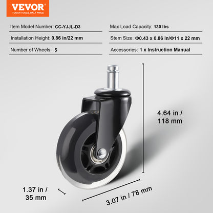 VEVOR Office Chair Wheels, Set Of 5, 3 Inch Caster Wheels Replacement For Hardwood Floors And Carpet, Heavy Duty Computer Gaming Desk Casters With 130 Lbs Load Capacity, Universal Fit For Most Chairs