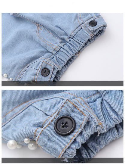 Girls' Fashion Korean Style Side Beaded Denim Jeans