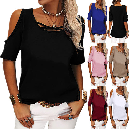 Fashion Casual Solid Color Off The Shoulder Loose Short Sleeved T Shirt