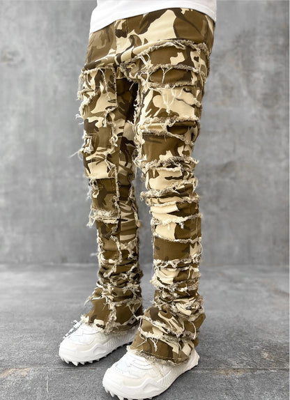 Men’s Stacked Jeans – Individual Patched Long Tight-Fit Trousers for Trendy Streetwear