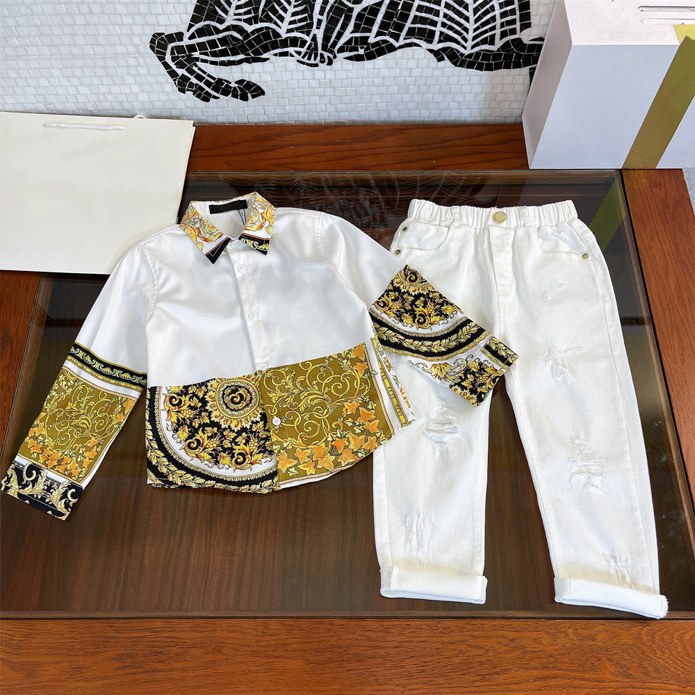 Fashion Boys’ Shirt & Jeans Set – White Long Sleeve with Gold/Black Trim