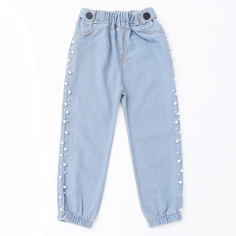 Girls' Fashion Korean Style Side Beaded Denim Jeans