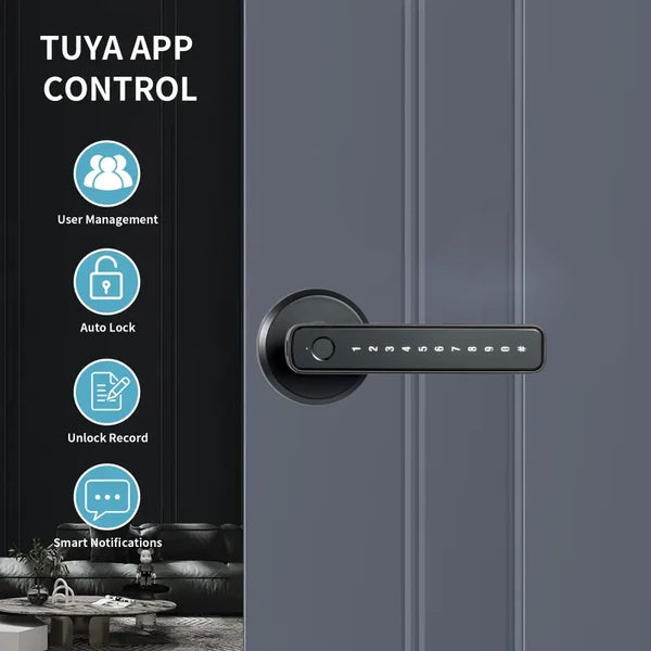Tuya Smart Fingerprint Door Lock – Biometric Door Handle with App Control & Key Access