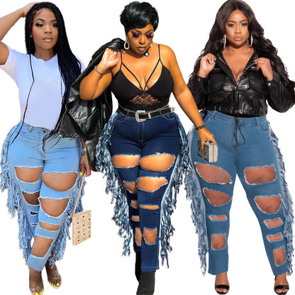 Plus-Size Ripped Fringed Slim Fit Street Trend Jeans