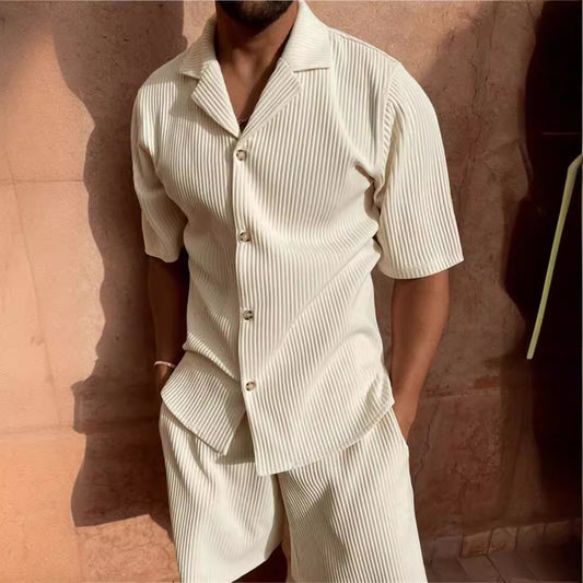 Men’s Corduroy Casual Polo Shirt & Shorts Set – Solid Color Sportswear Outfit