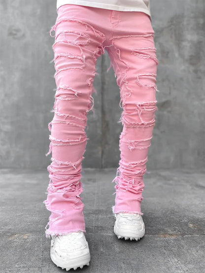 Men’s Stacked Jeans – Individual Patched Long Tight-Fit Trousers for Trendy Streetwear