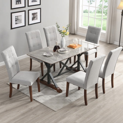 Modern 7-Piece Dining Table Set – 63-Inch Gray Sintered Stone Table with 6 Tufted Chairs