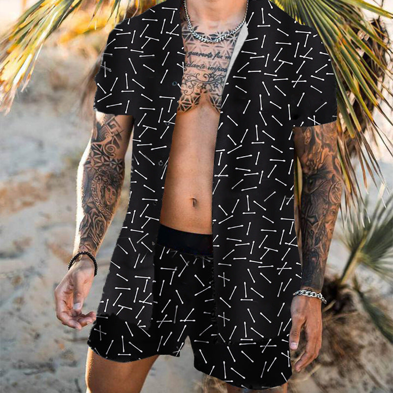 Men’s Summer Shirt Set – Printed Lapel Short Sleeve Top with Matching Shorts