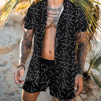 Men’s Summer Shirt Set – Printed Lapel Short Sleeve Top with Matching Shorts