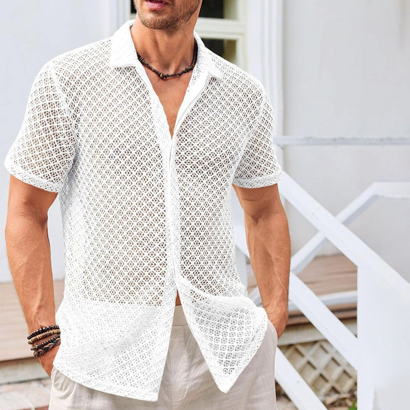 Men’s Summer Mesh Short Sleeve Shirt – Lightweight Lapel Shirt for Beach & Casual Wear