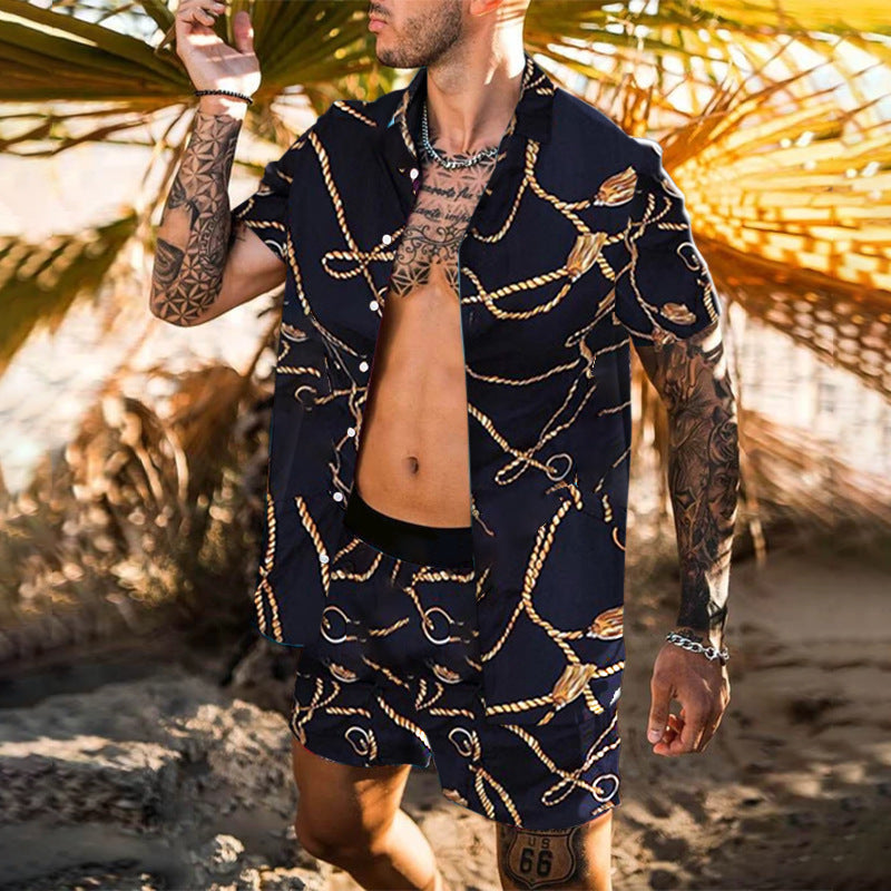 Men’s Summer Shirt Set – Printed Lapel Short Sleeve Top with Matching Shorts