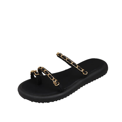 Women’s Retro Chain Strap Sandals – Fashionable Flat Casual Footwear