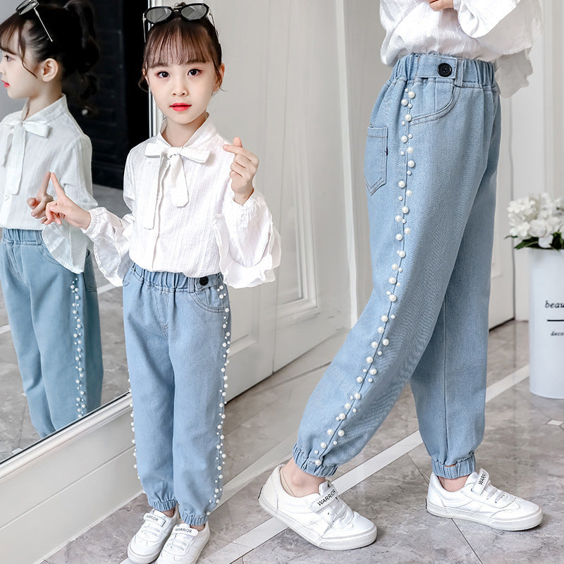 Girls' Fashion Korean Style Side Beaded Denim Jeans