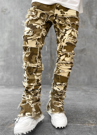 Men’s Stacked Jeans – Individual Patched Long Tight-Fit Trousers for Trendy Streetwear
