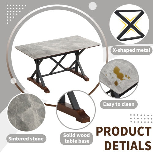 Modern 7-Piece Dining Table Set – 63-Inch Gray Sintered Stone Table with 6 Tufted Chairs
