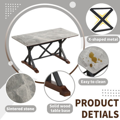 Modern 7-Piece Dining Table Set – 63-Inch Gray Sintered Stone Table with 6 Tufted Chairs