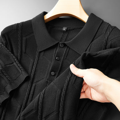 Men’s Plus Size Jacquard Lapel Sweater – Half Sleeve Short-Sleeved Pullover