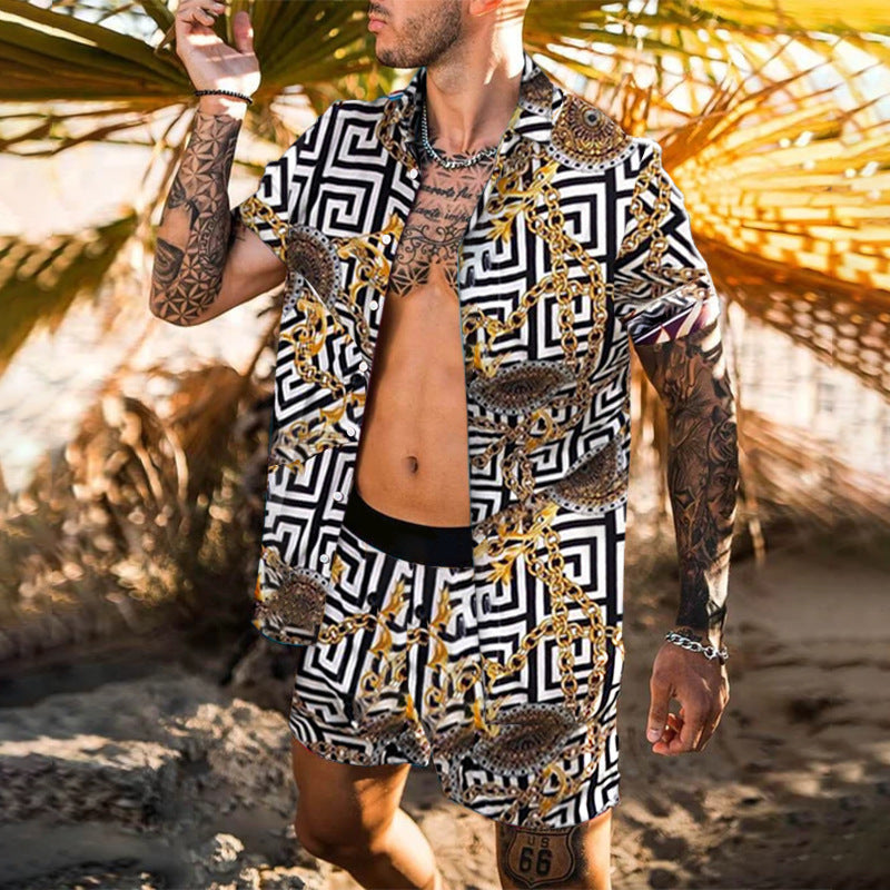 Men’s Summer Shirt Set – Printed Lapel Short Sleeve Top with Matching Shorts