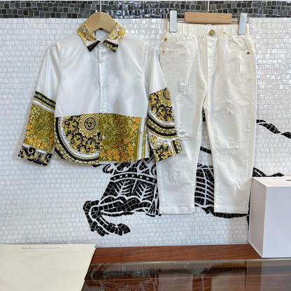 Fashion Boys’ Shirt & Jeans Set – White Long Sleeve with Gold/Black Trim