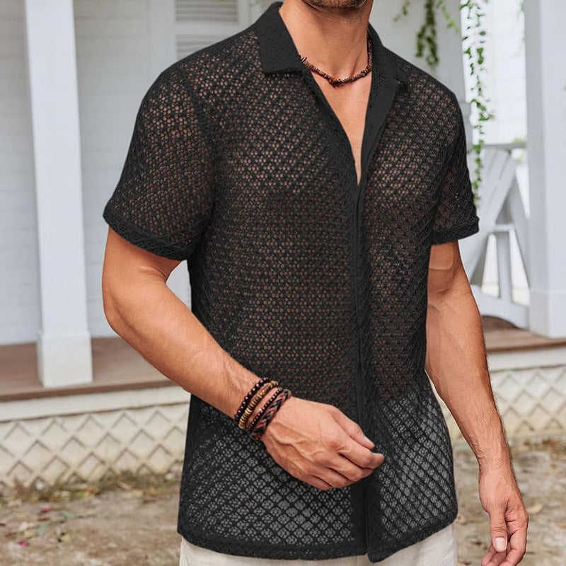 Men’s Summer Mesh Short Sleeve Shirt – Lightweight Lapel Shirt for Beach & Casual Wear