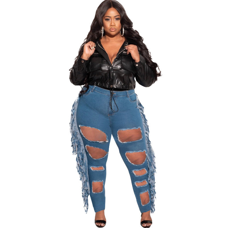 Plus-Size Ripped Fringed Slim Fit Street Trend Jeans