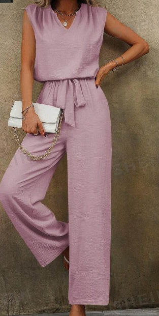 Women Solid Color Sleeveless Top With Notch Neckline And Belted Long Pants Set