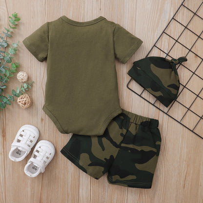Boys' 3-Piece Camouflage Outfit – Printed Short-Sleeve Shirt, Shorts & Matching Hat Set