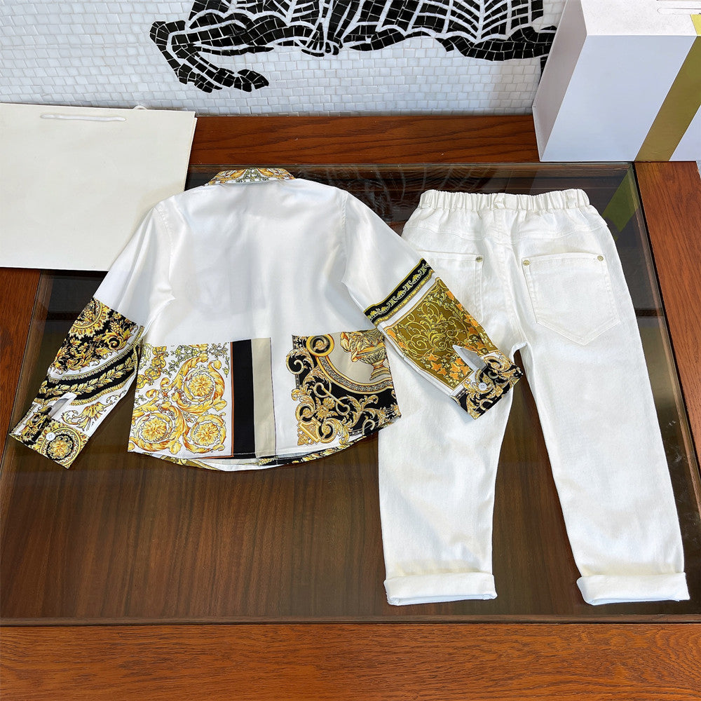 Fashion Boys’ Shirt & Jeans Set – White Long Sleeve with Gold/Black Trim