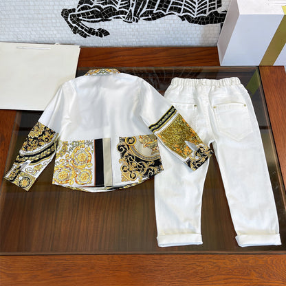 Fashion Boys’ Shirt & Jeans Set – White Long Sleeve with Gold/Black Trim