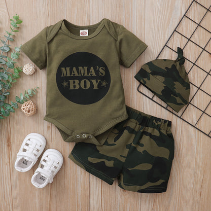 Boys' 3-Piece Camouflage Outfit – Printed Short-Sleeve Shirt, Shorts & Matching Hat Set