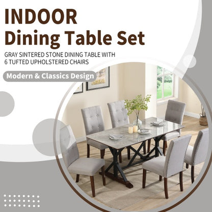 Modern 7-Piece Dining Table Set – 63-Inch Gray Sintered Stone Table with 6 Tufted Chairs