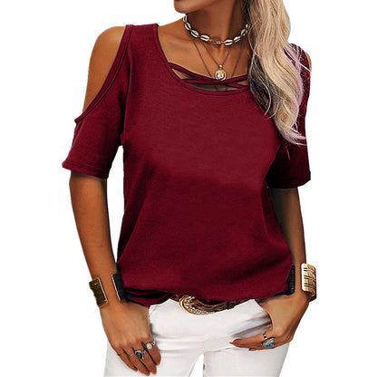 Fashion Casual Solid Color Off The Shoulder Loose Short Sleeved T Shirt