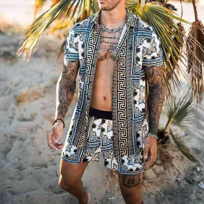 Men’s Summer Shirt Set – Printed Lapel Short Sleeve Top with Matching Shorts