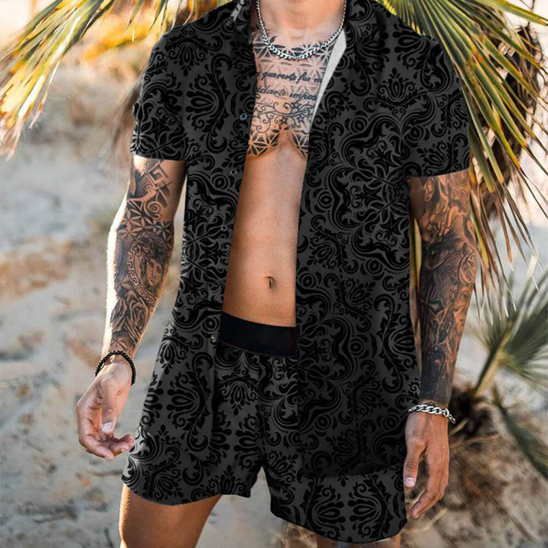 Men’s Summer Shirt Set – Printed Lapel Short Sleeve Top with Matching Shorts