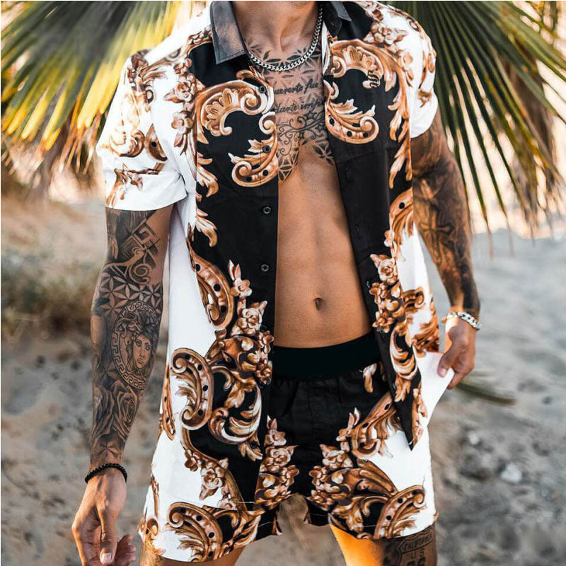 Men’s Summer Shirt Set – Printed Lapel Short Sleeve Top with Matching Shorts