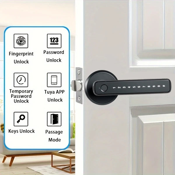 Tuya Smart Fingerprint Door Lock – Biometric Door Handle with App Control & Key Access